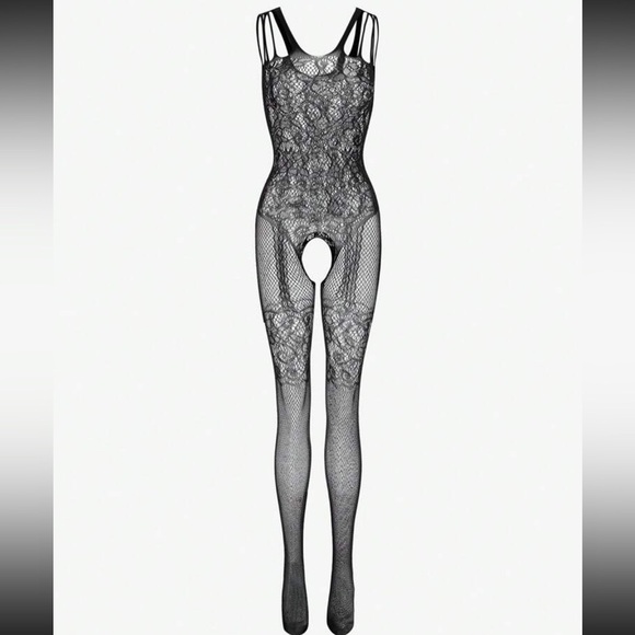 Black Hollow Out Pattern Sleeveless Fishnet Bodysuit - Picture 1 of 6